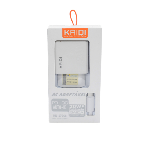 Carregador Kaidi Turbo 20w Usb + Tipo-c Com Cabo C Para C Branco